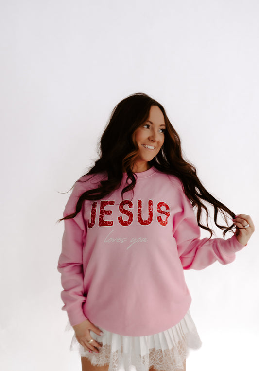 Pink Jesus Loves You Cherry Crewneck