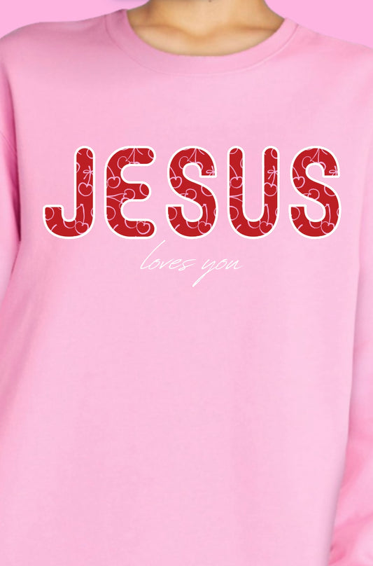 Pink Jesus Loves You Cherry Crewneck
